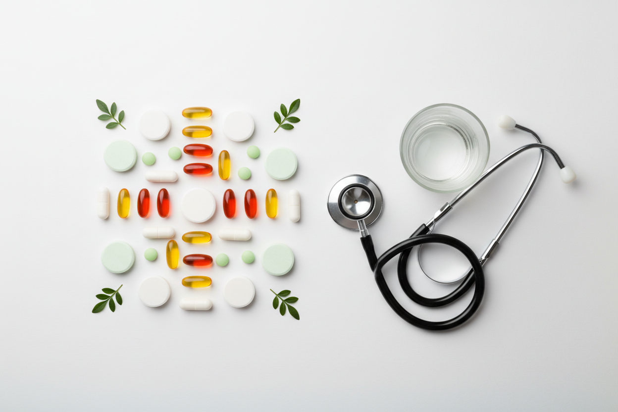 "Cápsulas e comprimidos multivitamínicos organizados sobre fundo branco com estetoscópio e folhas verdes — Vitamina A-Z Mulher para saúde feminina