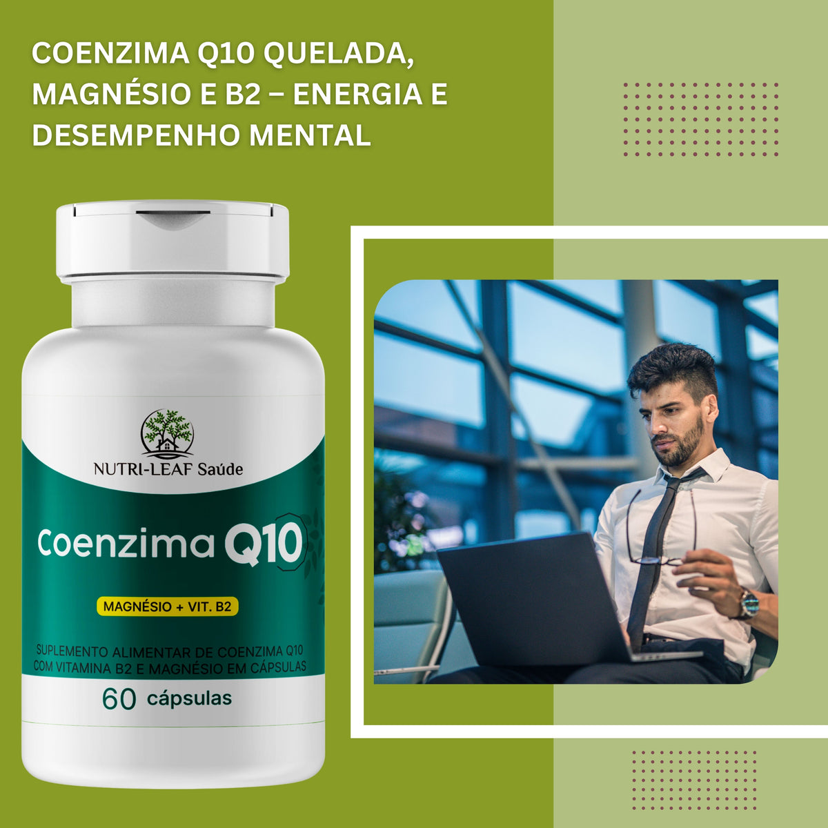 Coenzima Q10 supplement bottle with a man using a laptop in the background on a green background