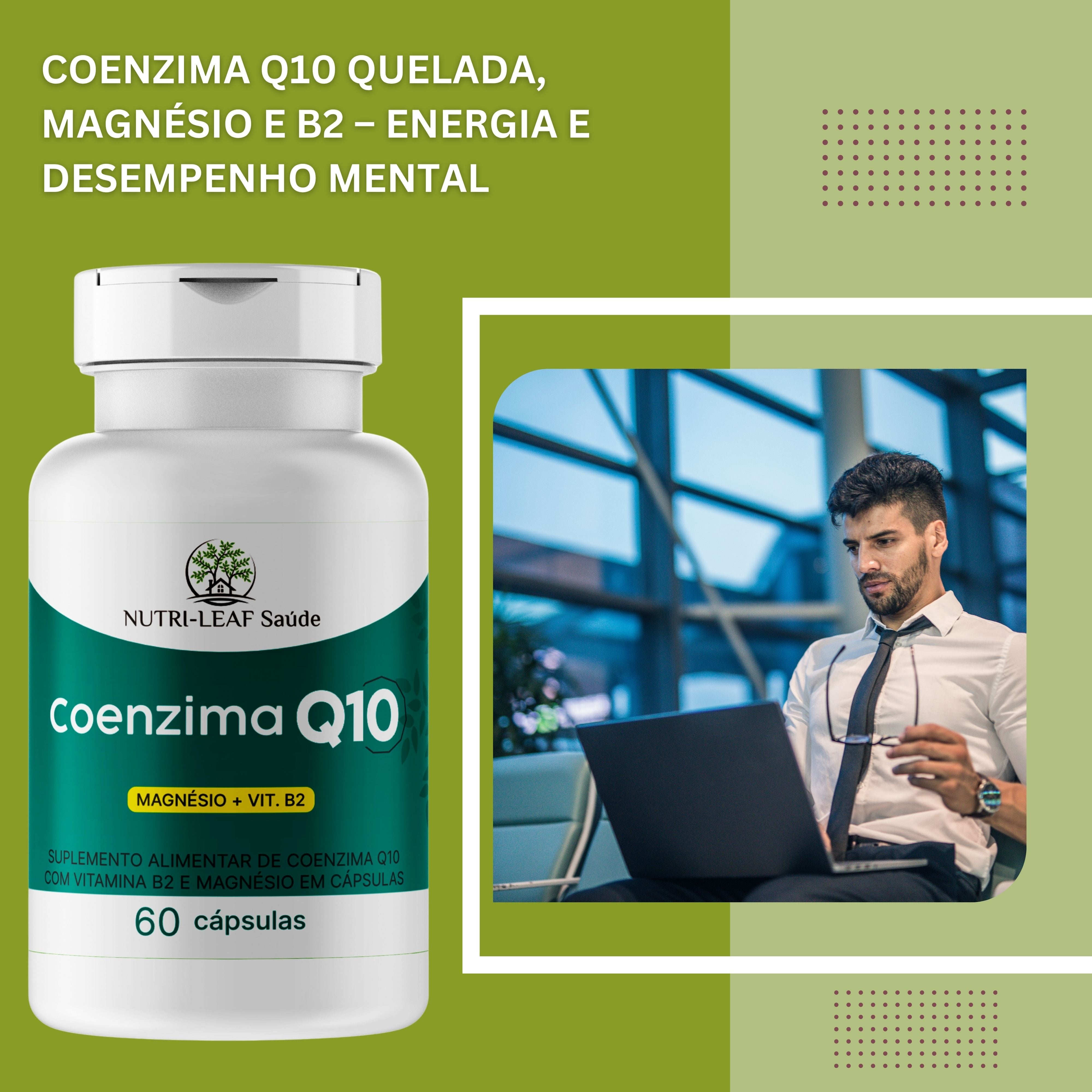 Coenzima Q10 supplement bottle with a man using a laptop in the background on a green background