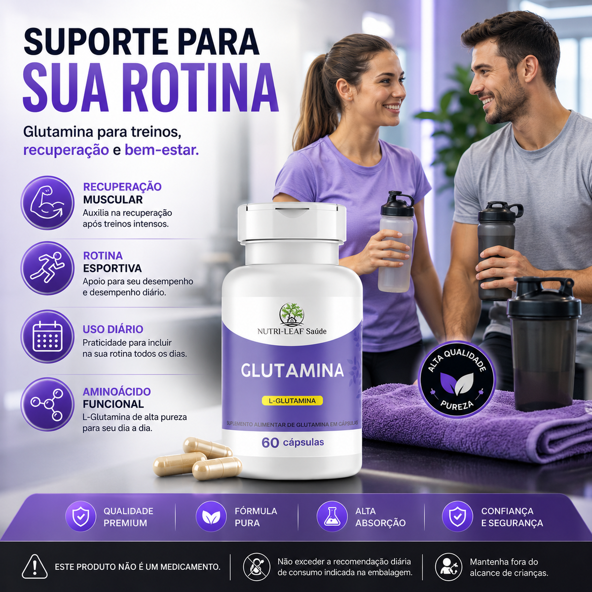 A bottle of NutriLeaf Glutamina dietary supplement capsules is shown in the foreground, with a man and woman exercising in a gym in the background. The image features Portuguese text highlighting the benefits of glutamine for muscle recovery, sports routines, and daily use.