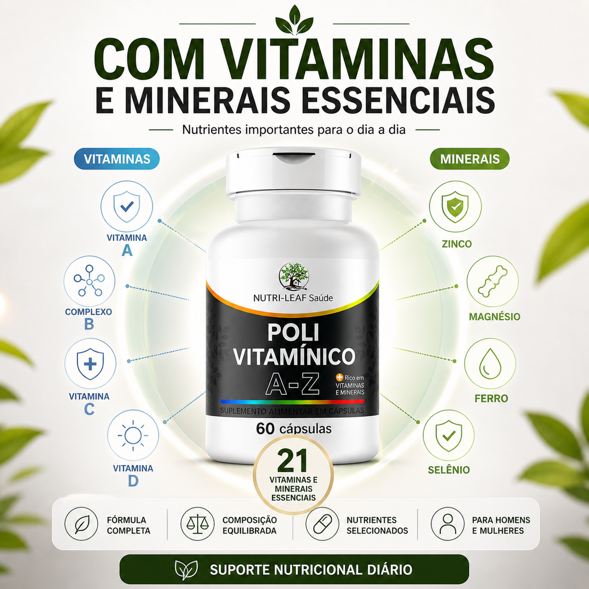 A white bottle of Nutri-Leaf Saúde 'Polí Vitamínico A-Z' dietary supplement capsules, presented on a light green and white background with informational text and graphics highlighting key vitamins and minerals.