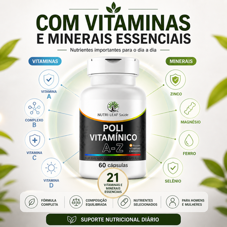 A white bottle of Nutri-Leaf Saúde 'Polí Vitamínico A-Z' dietary supplement capsules, presented on a light green and white background with informational text and graphics highlighting key vitamins and minerals.