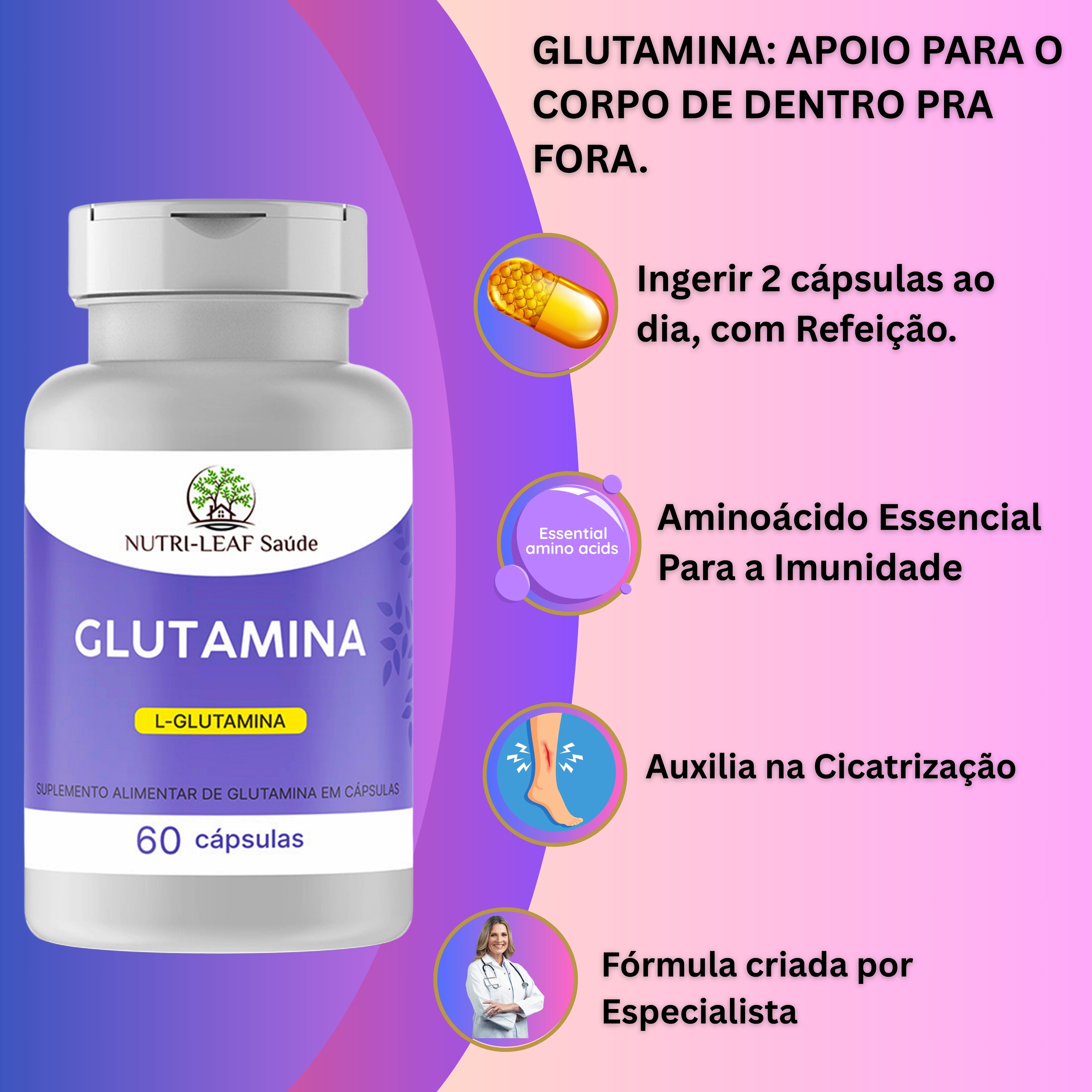 Informação nutricional Glutamina 1000mg sem açúcar sem aditivos NUTRI-LEAF Saúde