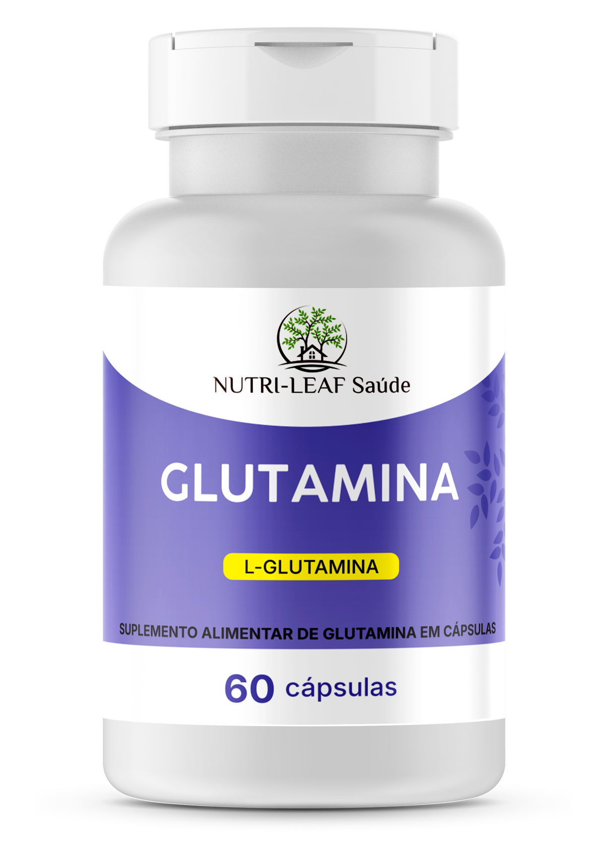 Supplement bottle labeled 'Glutamina' by Nutri-Leaf Saçude on a white background