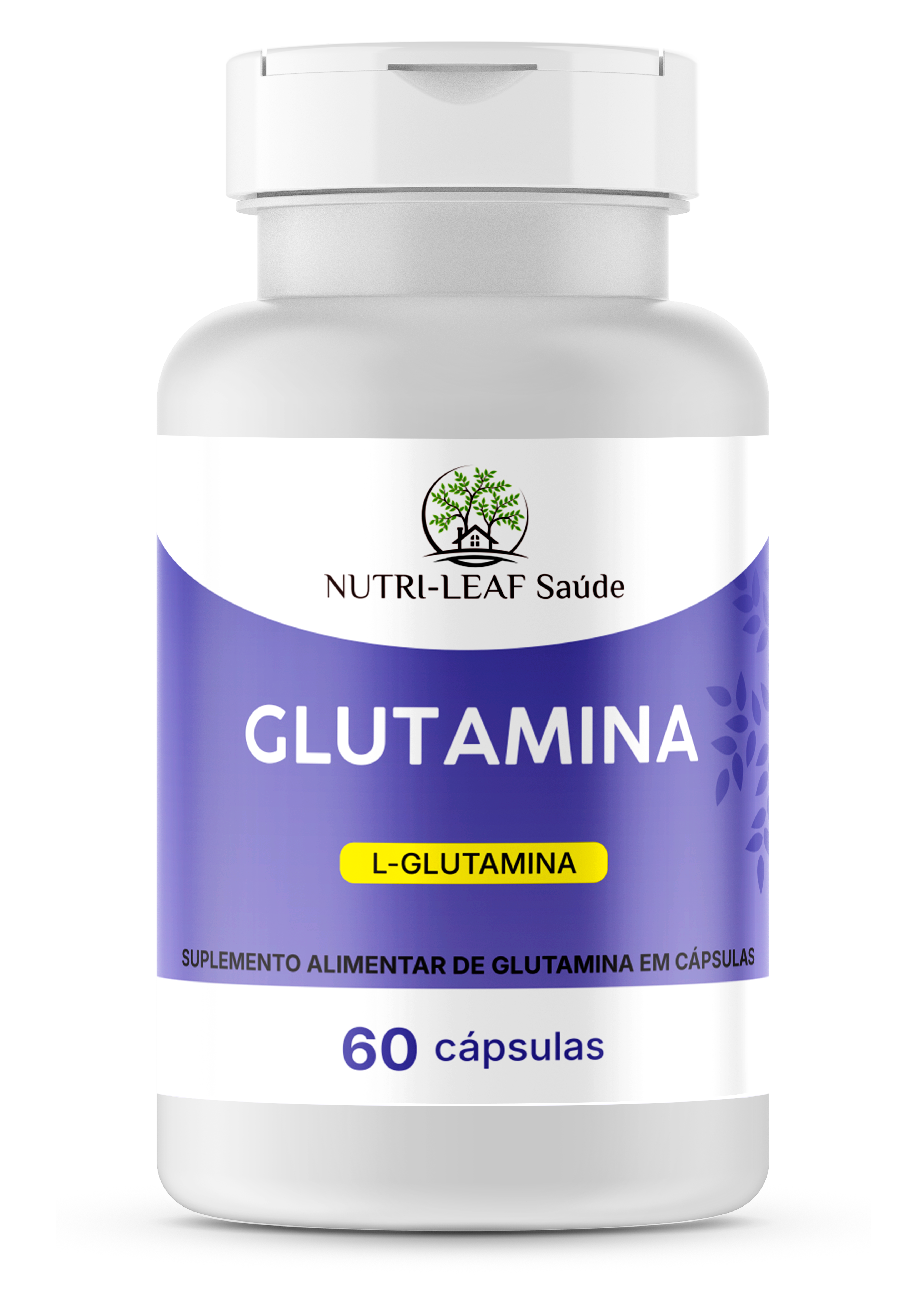 Supplement bottle labeled 'Glutamina' by Nutri-Leaf Saçude on a white background