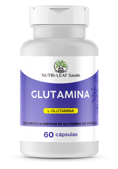 Supplement bottle labeled 'Glutamina' by Nutri-Leaf Saçude on a white background