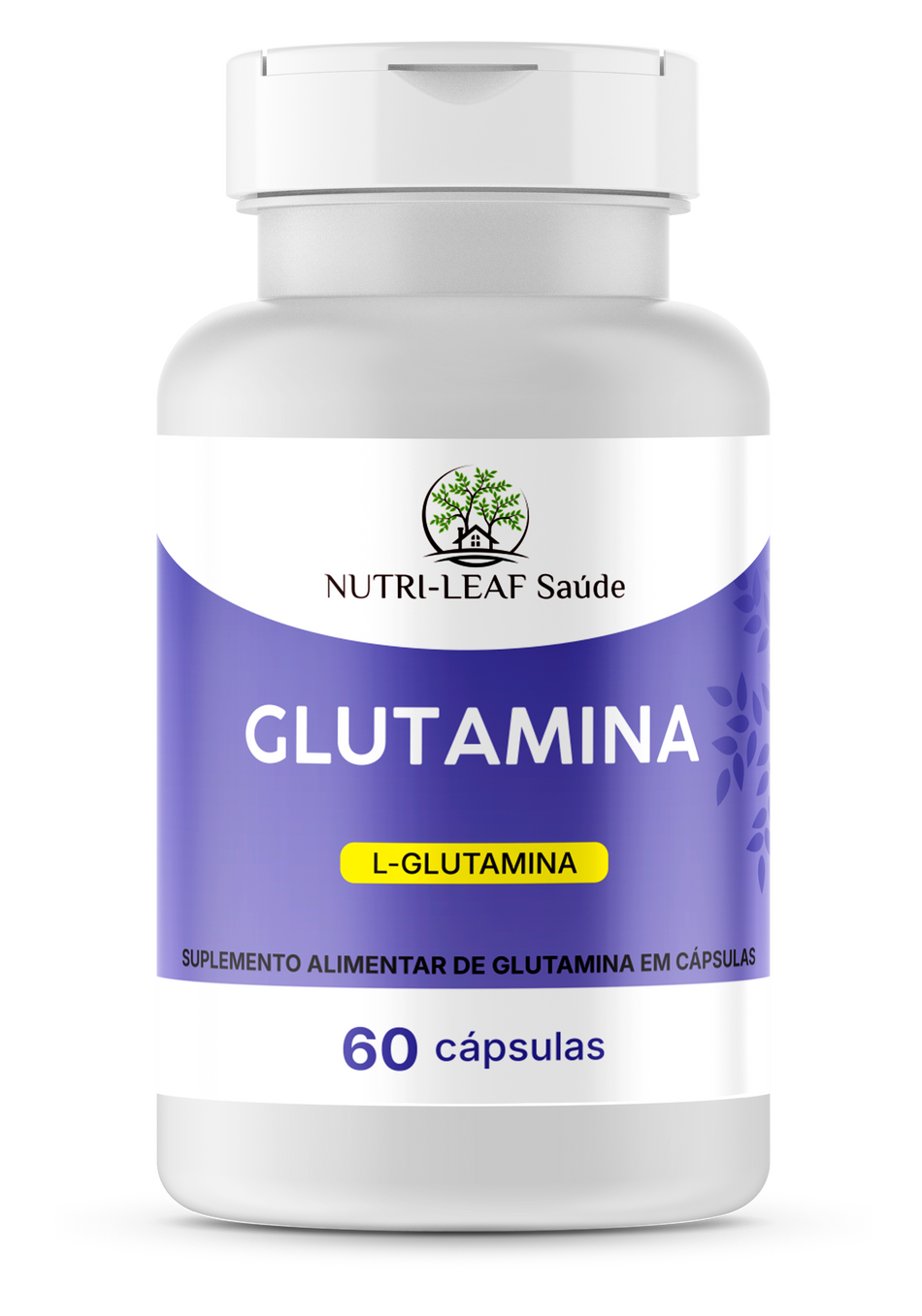 Supplement bottle labeled 'Glutamina' by Nutri-Leaf Saçude on a white background