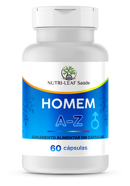 Supplement bottle labeled 'HOMEM A-Z' by Nutri-Leaf Saçde on a white background