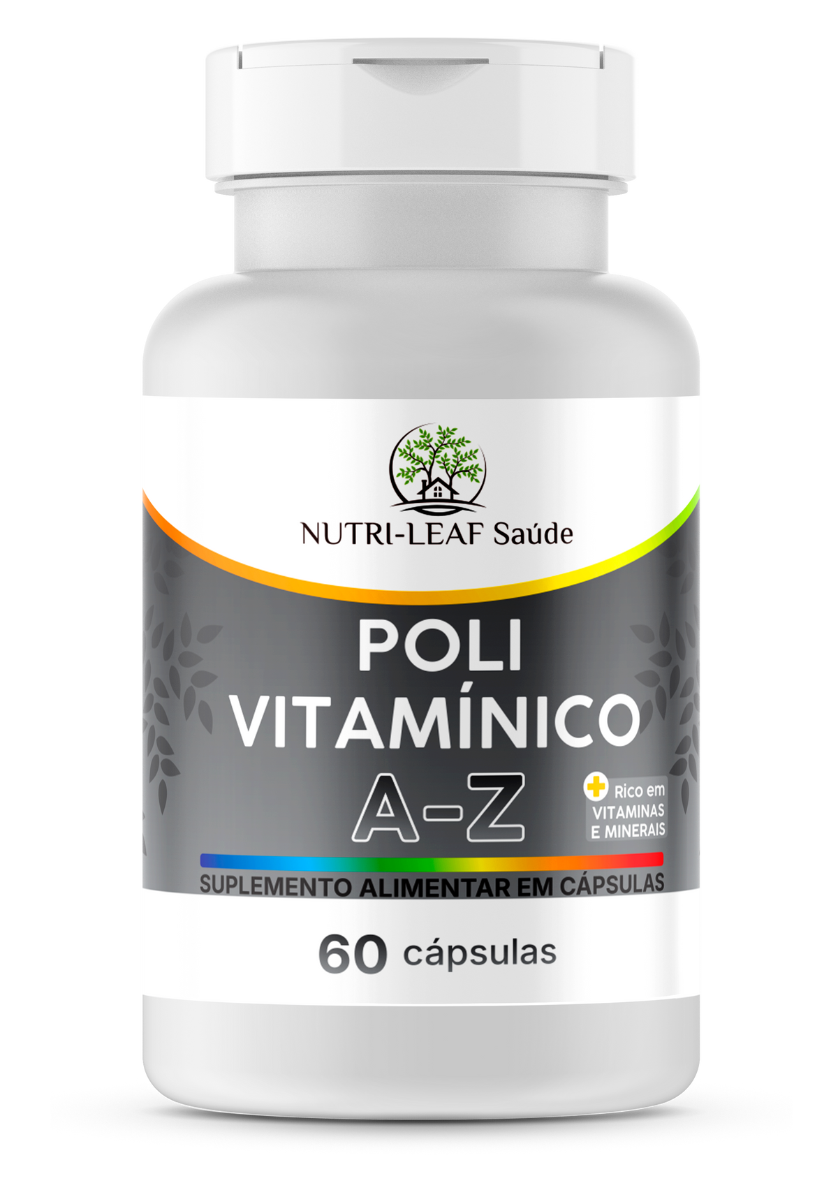 Supplement bottle labeled 'Poli Vitamánico A-Z' by Nutri-Leaf Saçude on a white background