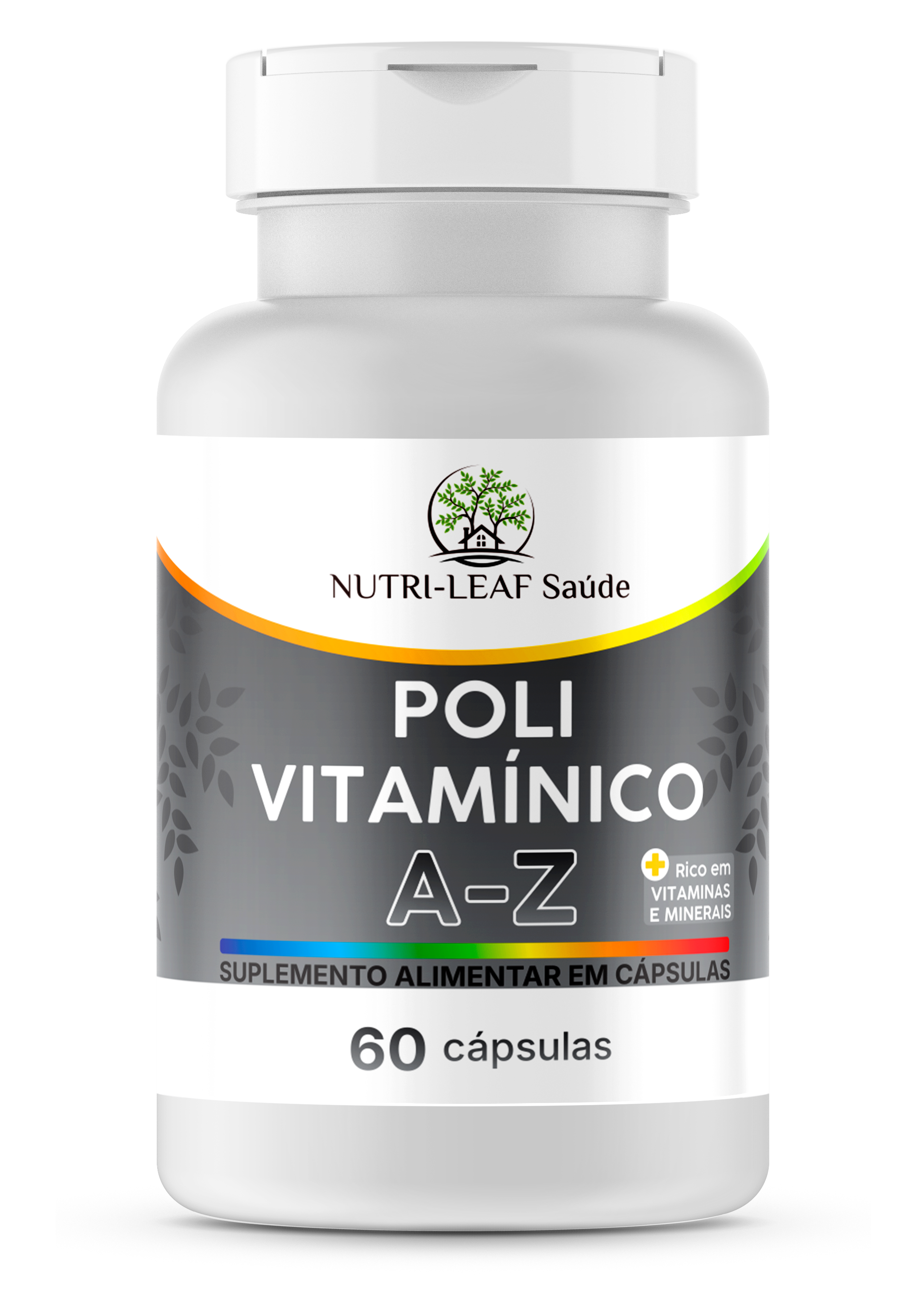 Supplement bottle labeled 'Poli Vitamánico A-Z' by Nutri-Leaf Saçude on a white background