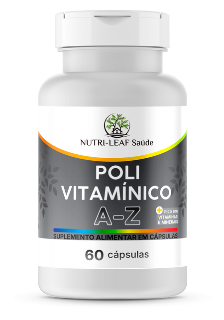 Supplement bottle labeled 'Poli Vitamánico A-Z' by Nutri-Leaf Saçude on a white background