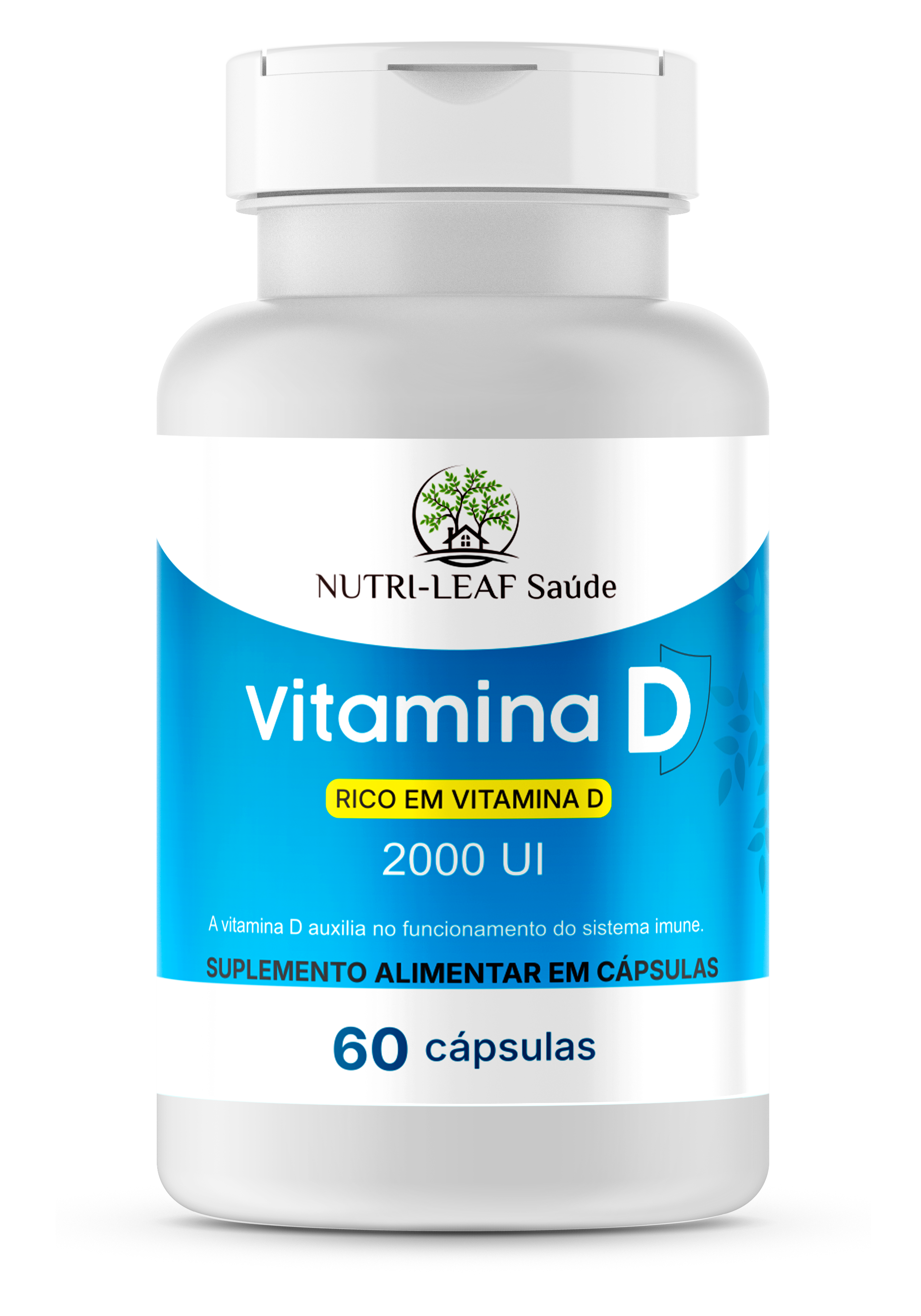 Vitamina D supplement bottle with Nutri-Leaf Saúde branding on a white background
