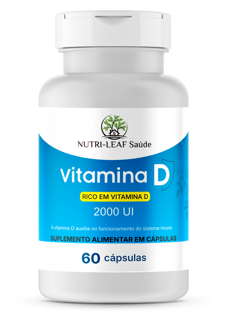Vitamina D supplement bottle with Nutri-Leaf Saúde branding on a white background