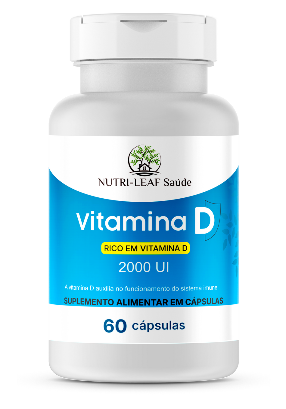 Vitamina D supplement bottle with Nutri-Leaf Saúde branding on a white background