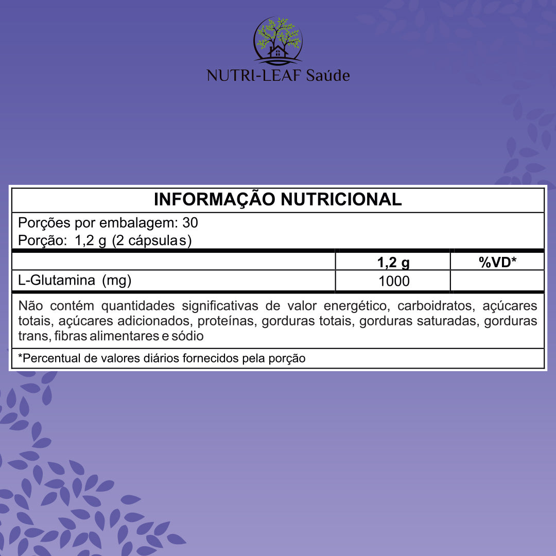 A purple informational nutrition label with Portuguese text, headed 'INFORMAçãO NUTRICIONAL' and showing Nutri-Leaf Saude branding at the top. The label includes a nutrition table with portion size 1.