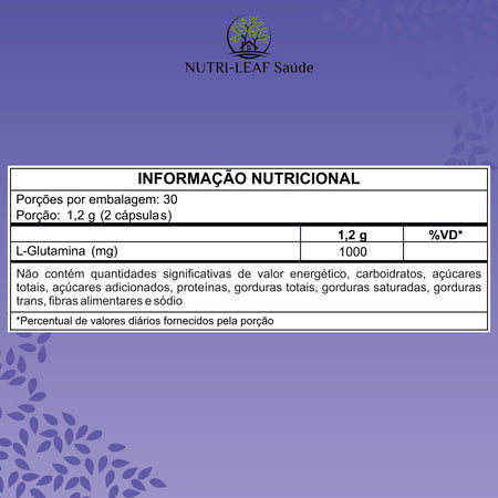 A purple informational nutrition label with Portuguese text, headed 'INFORMAçãO NUTRICIONAL' and showing Nutri-Leaf Saude branding at the top. The label includes a nutrition table with portion size 1.
