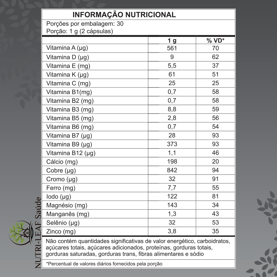 Frasco Polivitamínico A-Z suplemento completo premium alta absorção NUTRI-LEAF Saúde