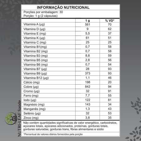 Frasco Polivitamínico A-Z suplemento completo premium alta absorção NUTRI-LEAF Saúde