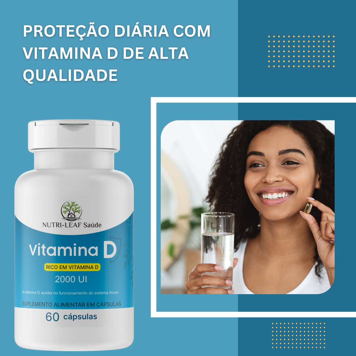 Pessoa disposta e saudável resultado suplemento Vitamina D3 2000UI NUTRI-LEAF