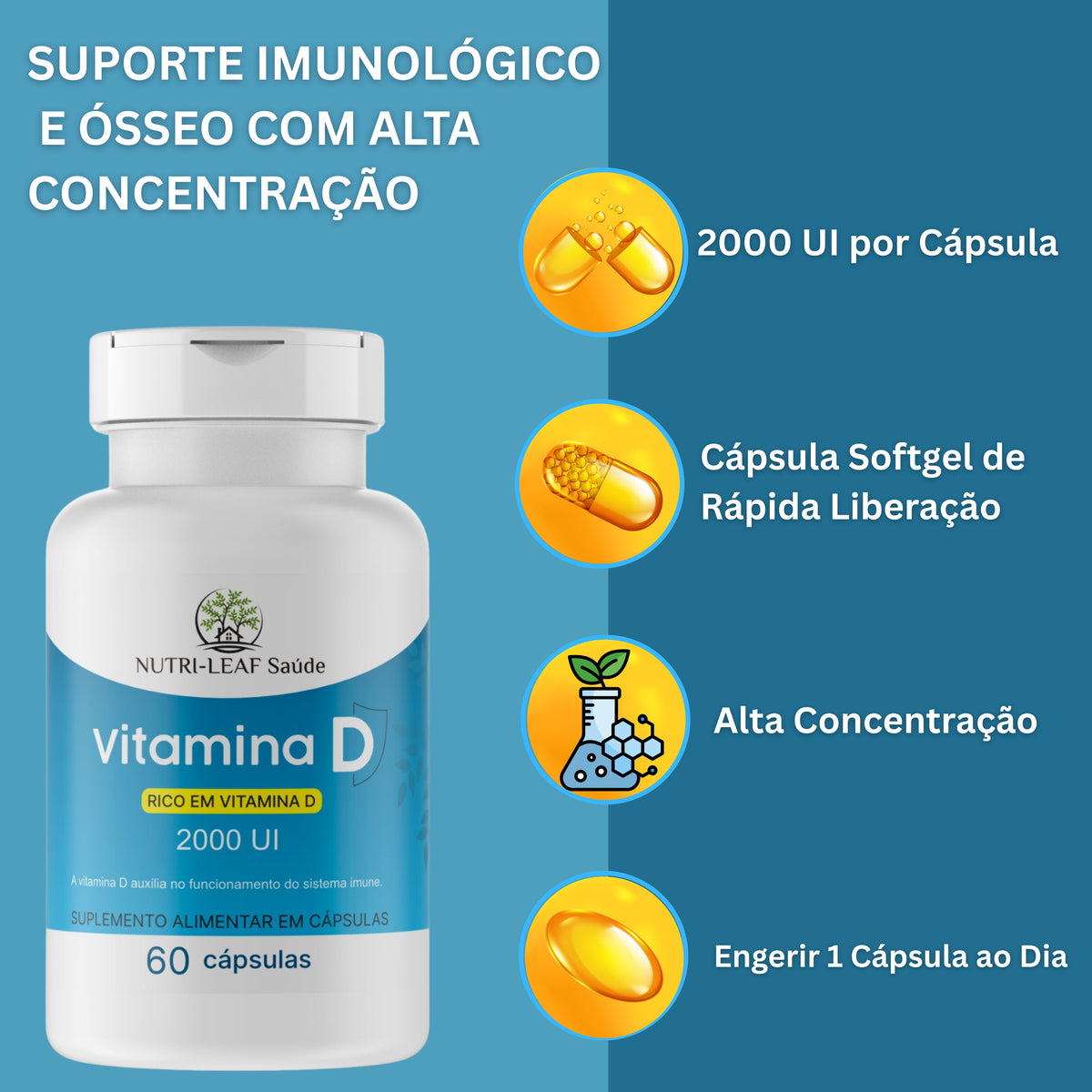 Informação nutricional Vitamina D3 2000UI suplemento diário NUTRI-LEAF Saúde