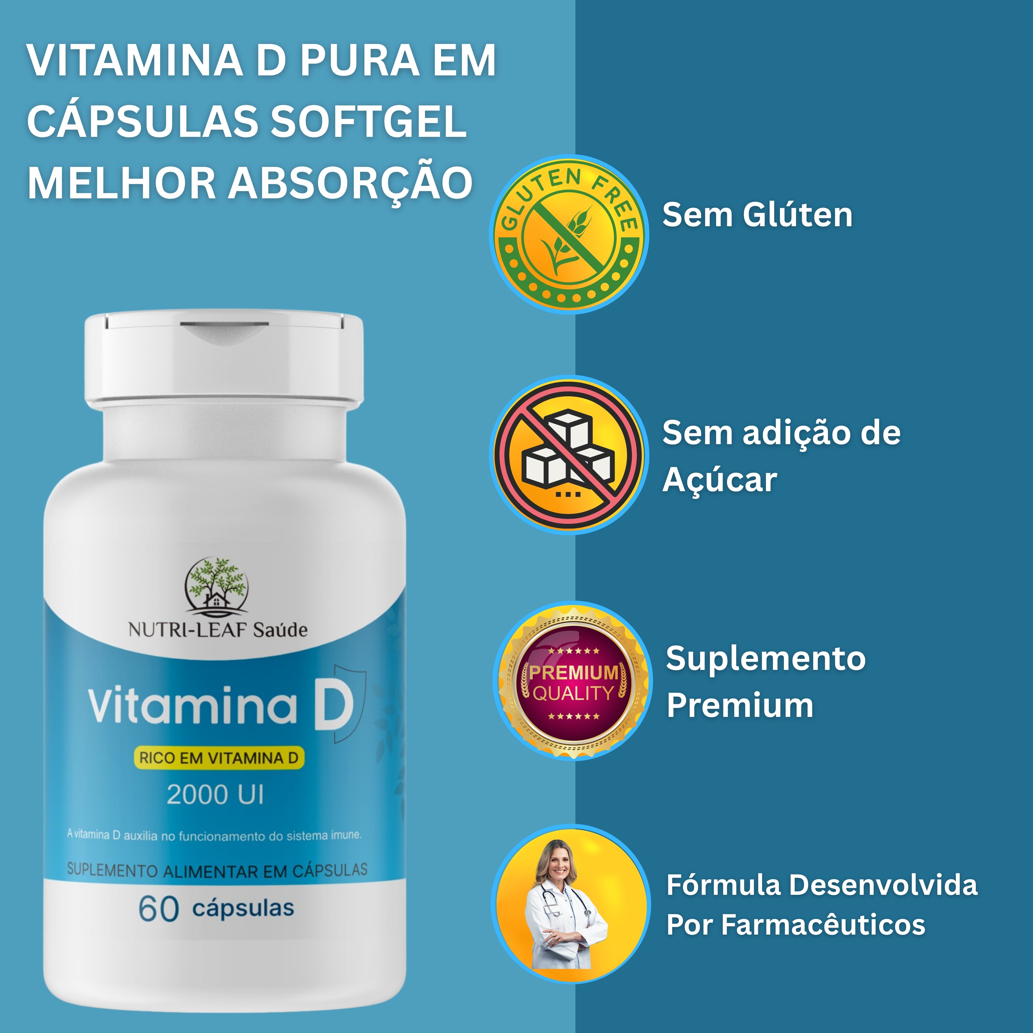 Cápsulas Vitamina D3 2000UI alta absorção suporte imunidade e ossos fortes NUTRI-LEAF