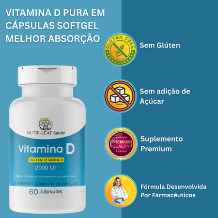 Cápsulas Vitamina D3 2000UI alta absorção suporte imunidade e ossos fortes NUTRI-LEAF
