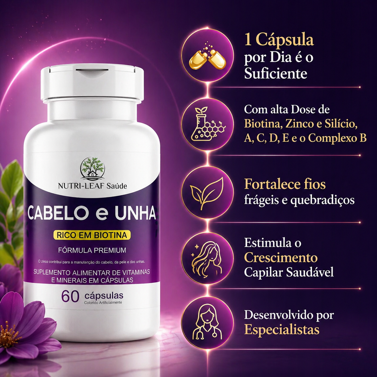 Suplemento cabelo e unha com biotina, vitaminas e minerais, uso prático no dia a dia para rotina de cuidado pessoal