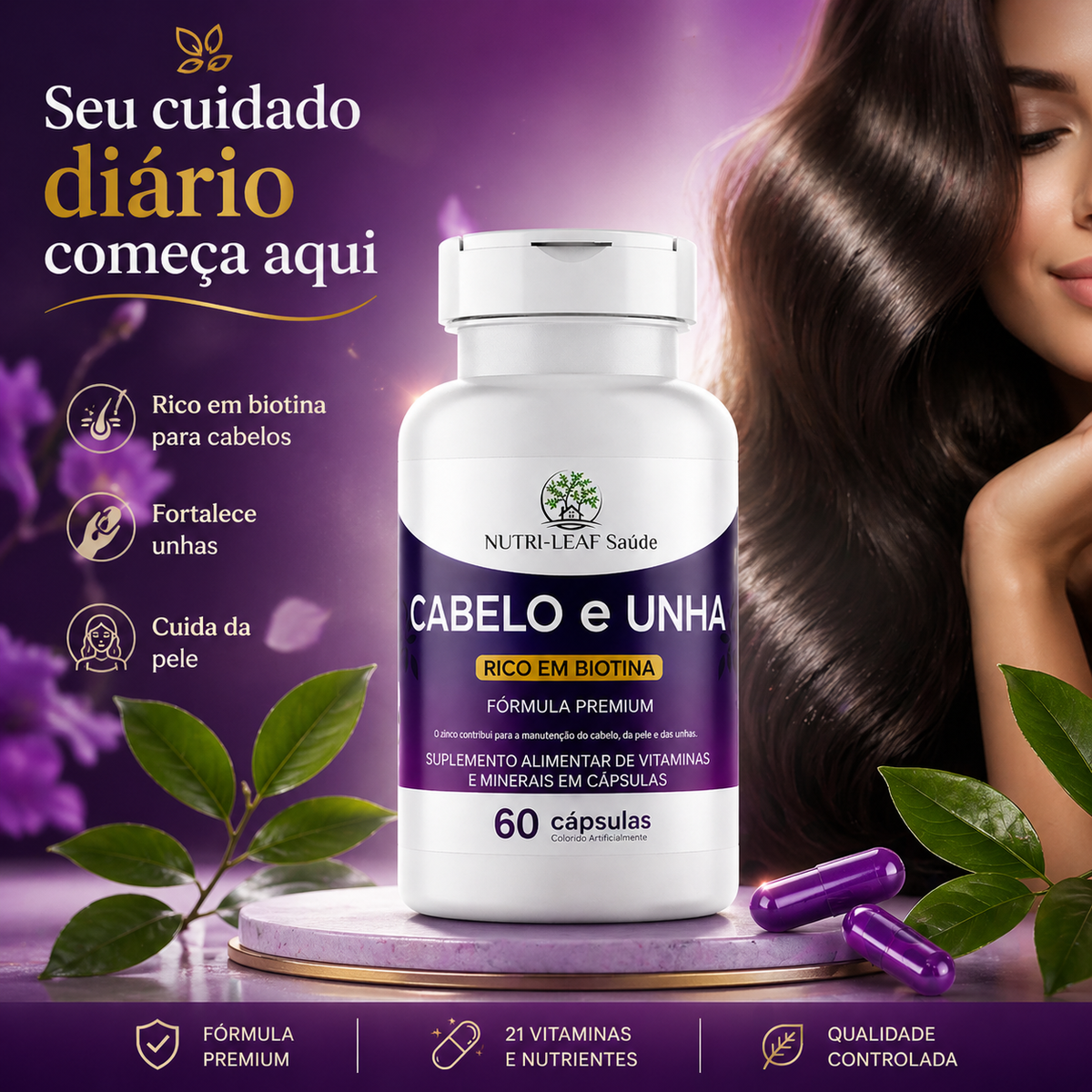 Mulher sorrindo com aparência saudável, representando rotina de cuidado diário com suplemento cabelo e unha