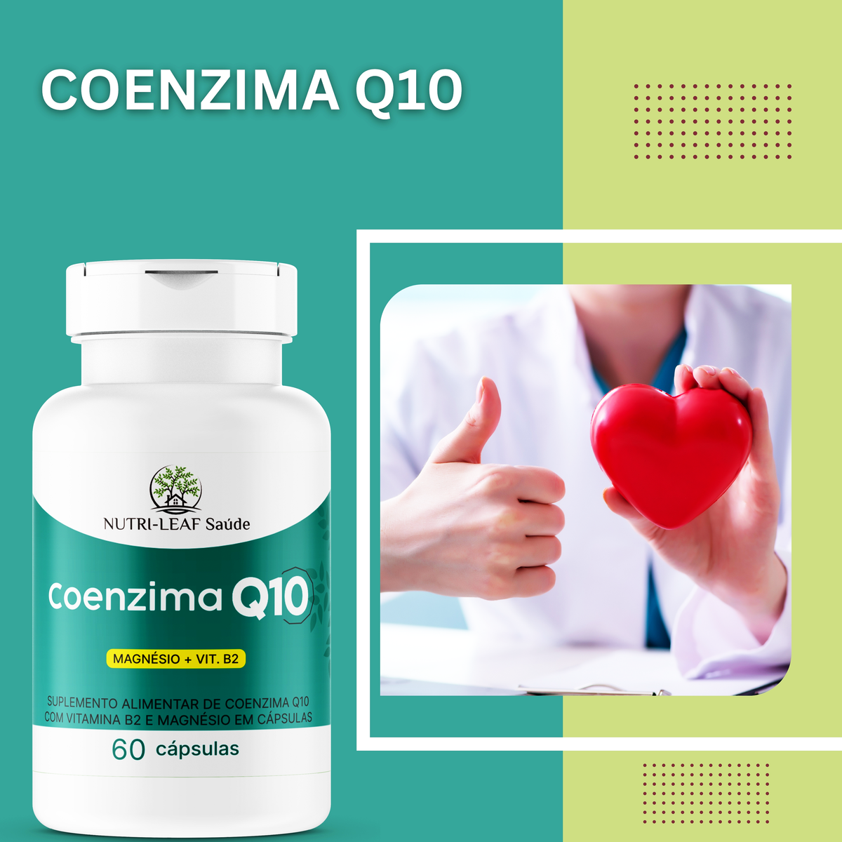 Coenzima Q10 supplement bottle with a person holding a red heart on a green and yellow background