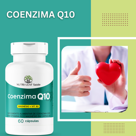 Coenzima Q10 supplement bottle with a person holding a red heart on a green and yellow background