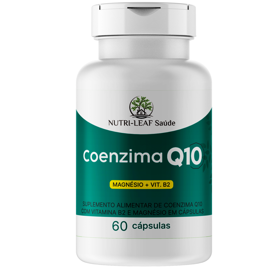Coenzima Q10 supplement bottle with Nutri-Leaf Saçude branding on a white background