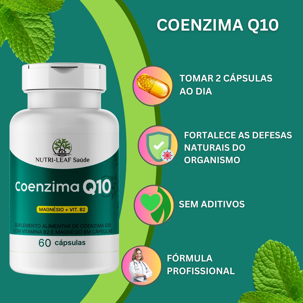 Coenzima Q10 supplement bottle with green leaves on a teal background