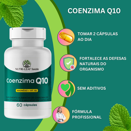 Coenzima Q10 supplement bottle with green leaves on a teal background