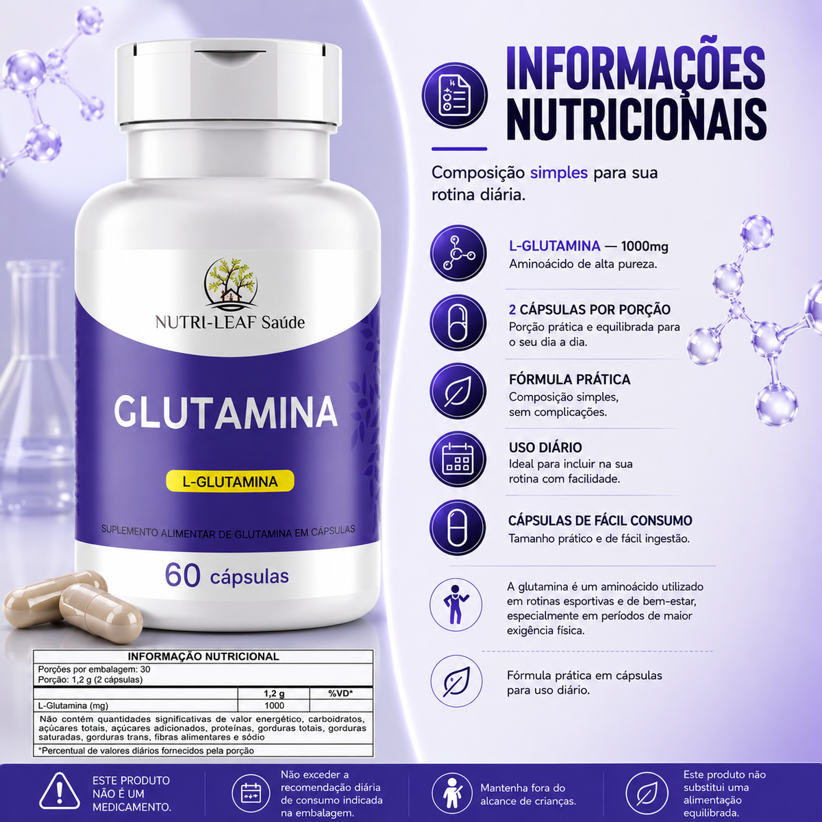 A bottle of Nutri-Leaf Saúde Glutamina dietary supplement capsules on a purple and white background with Portuguese nutritional information graphics and a small inset showing the capsules.