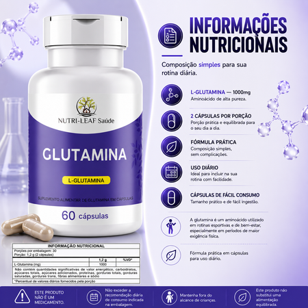 A bottle of Nutri-Leaf Saúde Glutamina dietary supplement capsules on a purple and white background with Portuguese nutritional information graphics and a small inset showing the capsules.