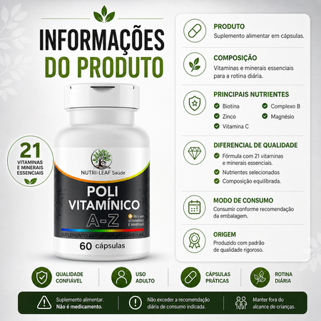 A promotional infographic in Portuguese for a supplement bottle labeled 'POLI VITAMÍNICO A-Z' by Nutri-Leãu Saúde. The image shows a white bottle with a black and green label, surrounded by informational panels detailing ingredients, benefits, dosage, and quality.
