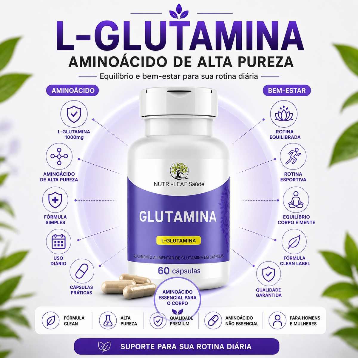 A bottle of Nutri-Leaf L-Glutamina dietary supplement with capsules, surrounded by promotional text and icons in Portuguese on a light background with green leaves.
