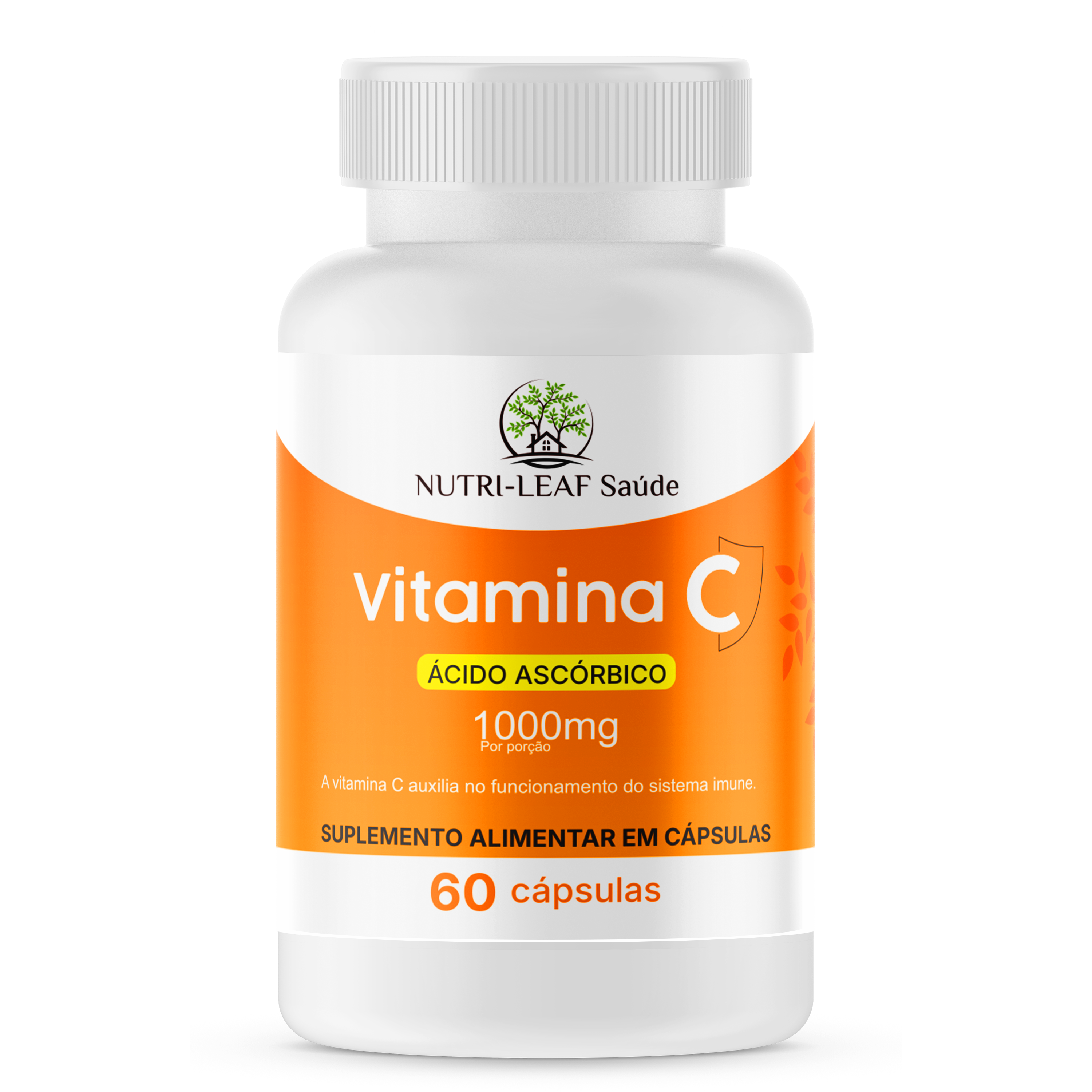 Vitamin C supplement bottle with orange label on a white background