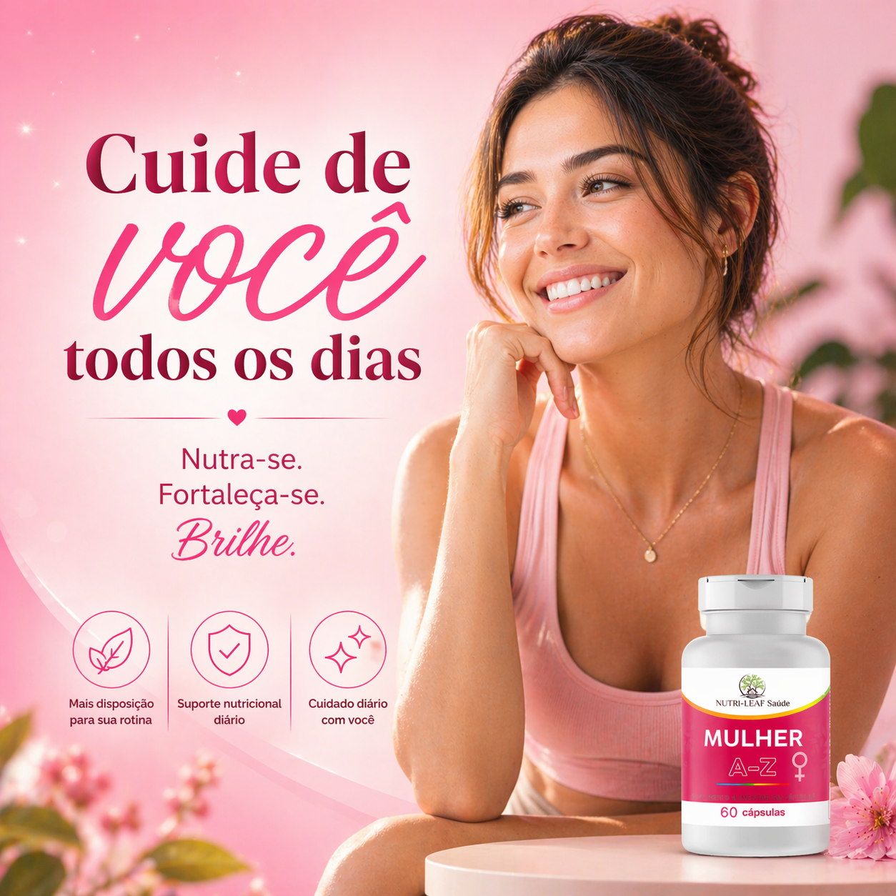 Suplemento feminino NUTRI-LEAF Saúde Mulher A-Z com vitaminas e minerais essenciais para a rotina diária, embalagem em destaque com design premium