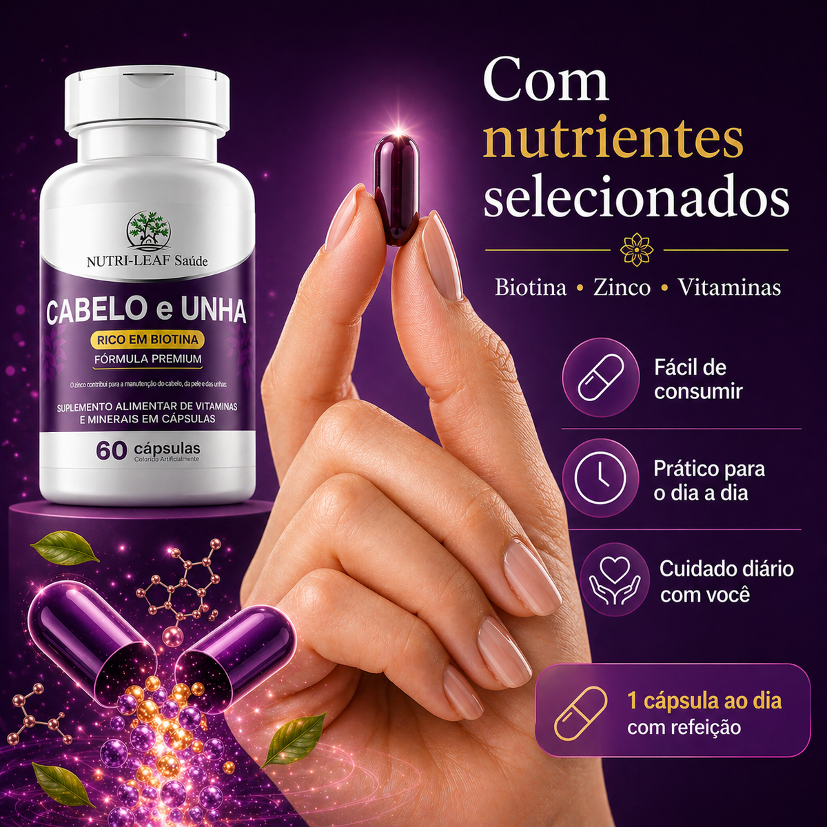 Mão feminina segurando cápsula de suplemento cabelo e unha, consumo diário com água, rotina simples e prática