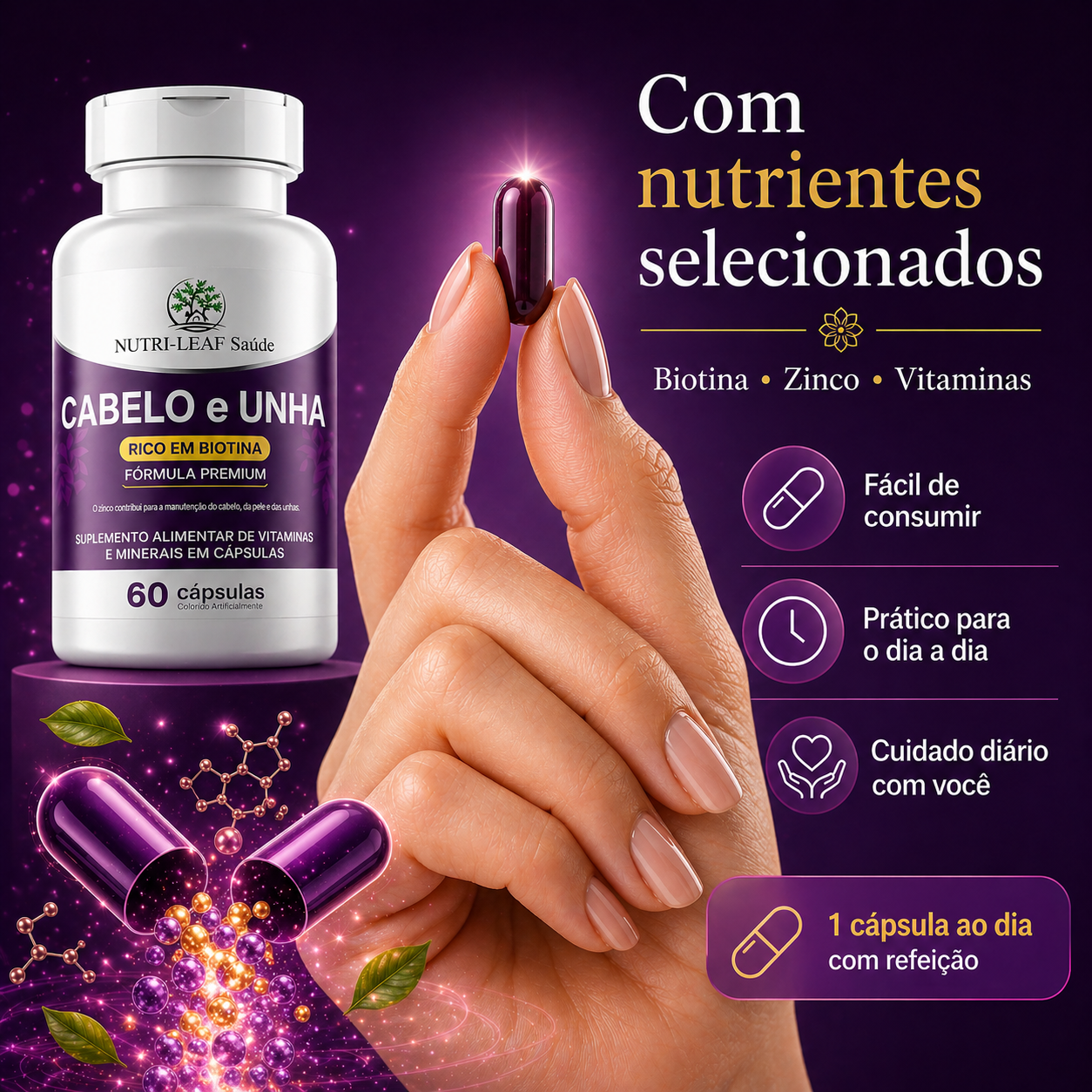 Mão feminina segurando cápsula de suplemento cabelo e unha, consumo diário com água, rotina simples e prática