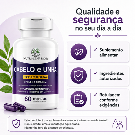Infográfico suplemento alimentar cabelo e unha com rotulagem clara, ingredientes autorizados e informações de segurança