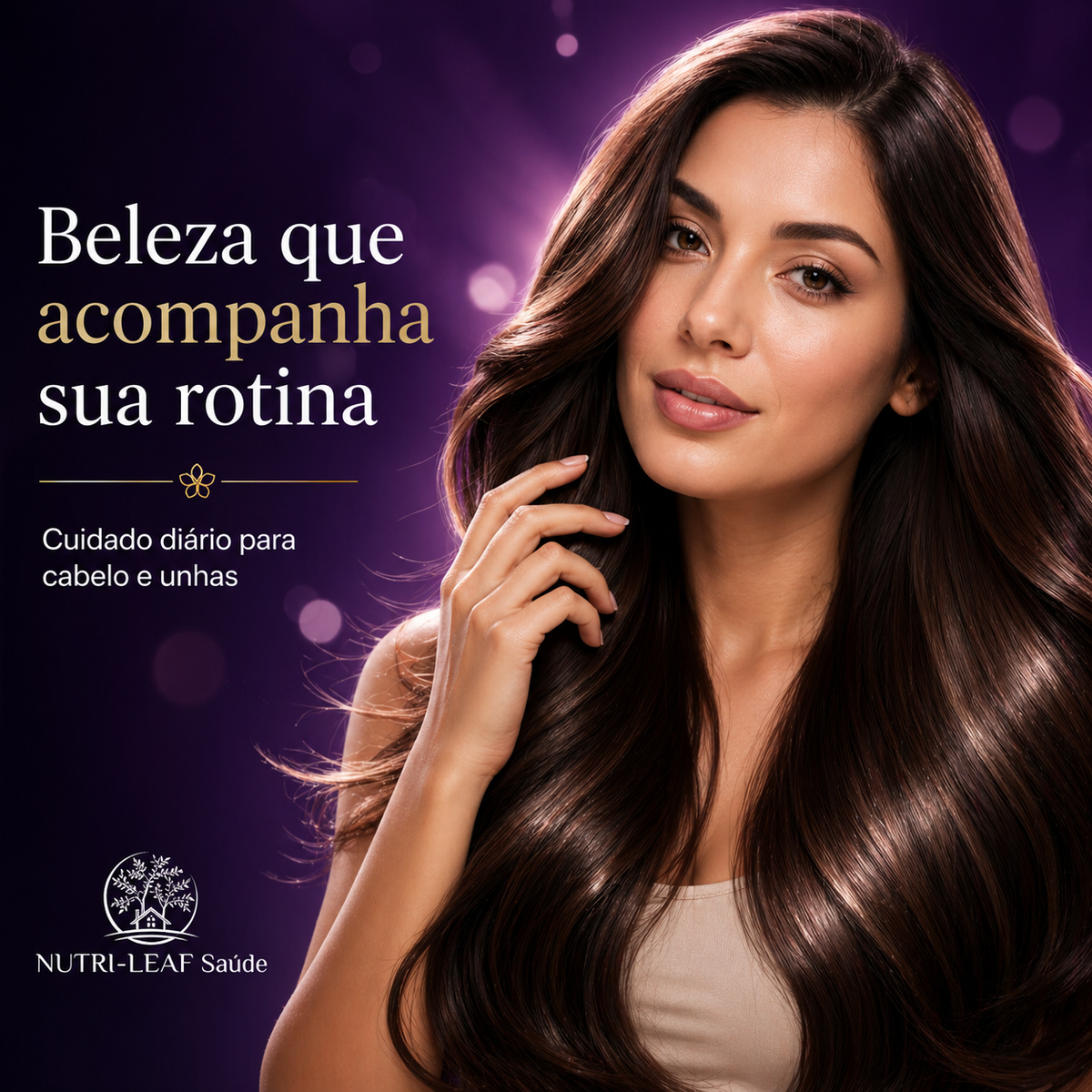 Suplemento cabelo e unha NUTRI-LEAF Saúde com biotina em cápsulas, frasco premium com destaque para rotina de cuidado diário e praticidade