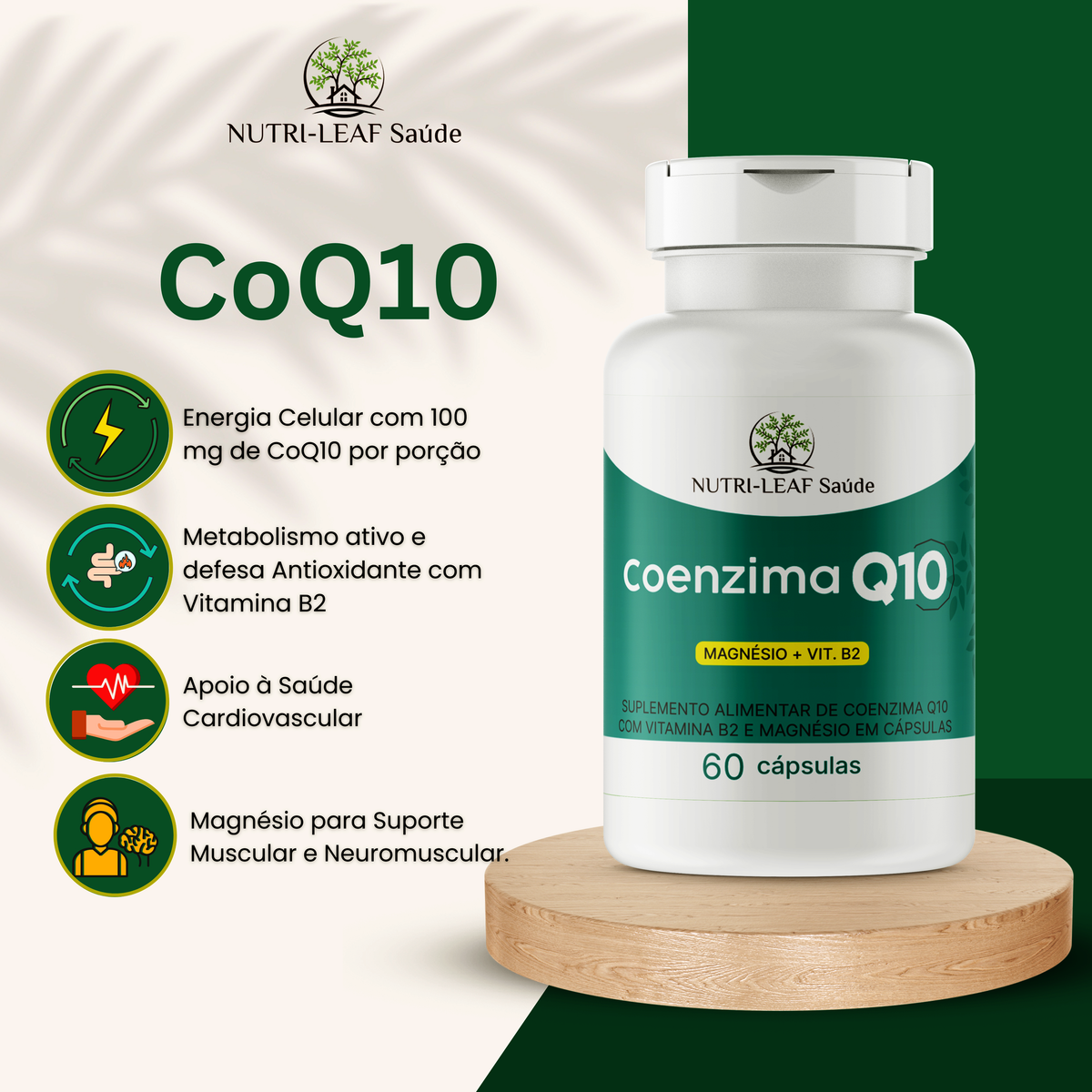 Coenzima Q10 supplement bottle with Nutri-Leaf Saudé branding on a green and white background