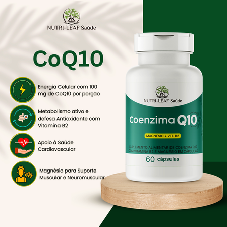 Coenzima Q10 supplement bottle with Nutri-Leaf Saudé branding on a green and white background