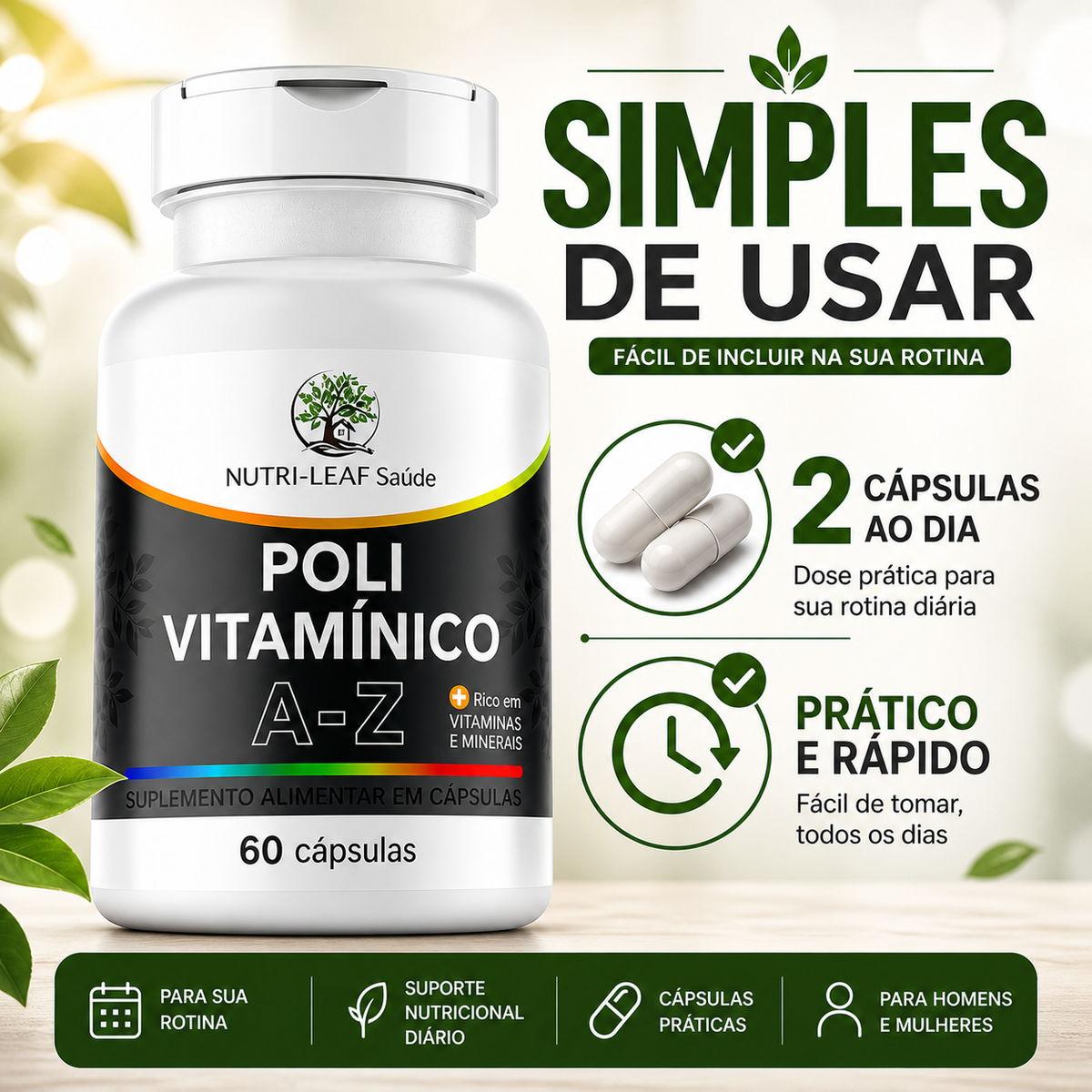 A bottle of Nutri-Leaf Saúde Polí Vitamínico A-Z dietary supplement capsules, shown alongside Portuguese instructional marketing text highlighting daily dosage and ease of use.