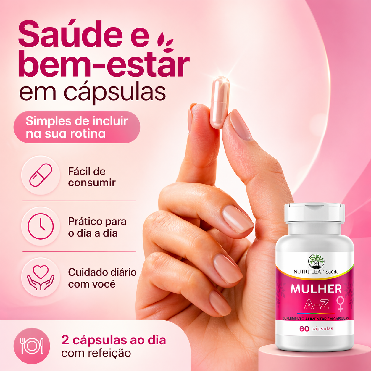 Mulher segurando cápsula com copo de água, representando consumo prático do multivitamínico feminino NUTRI-LEAF no dia a dia
