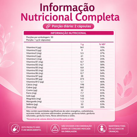 Tabela de nutrientes do multivitamínico feminino NUTRI-LEAF Mulher A-Z com composição de vitaminas e minerais para rotina diária de bem-estar
