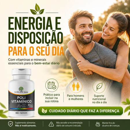 Promotional banner for a dietary supplement bottle labeled 'POLI VITAMINICO A+Z' by Nutri-Life Aide. The ad features a smiling couple embracing in the background, with Portuguese text highlighting energy and daily balance, alongside product details and icons.