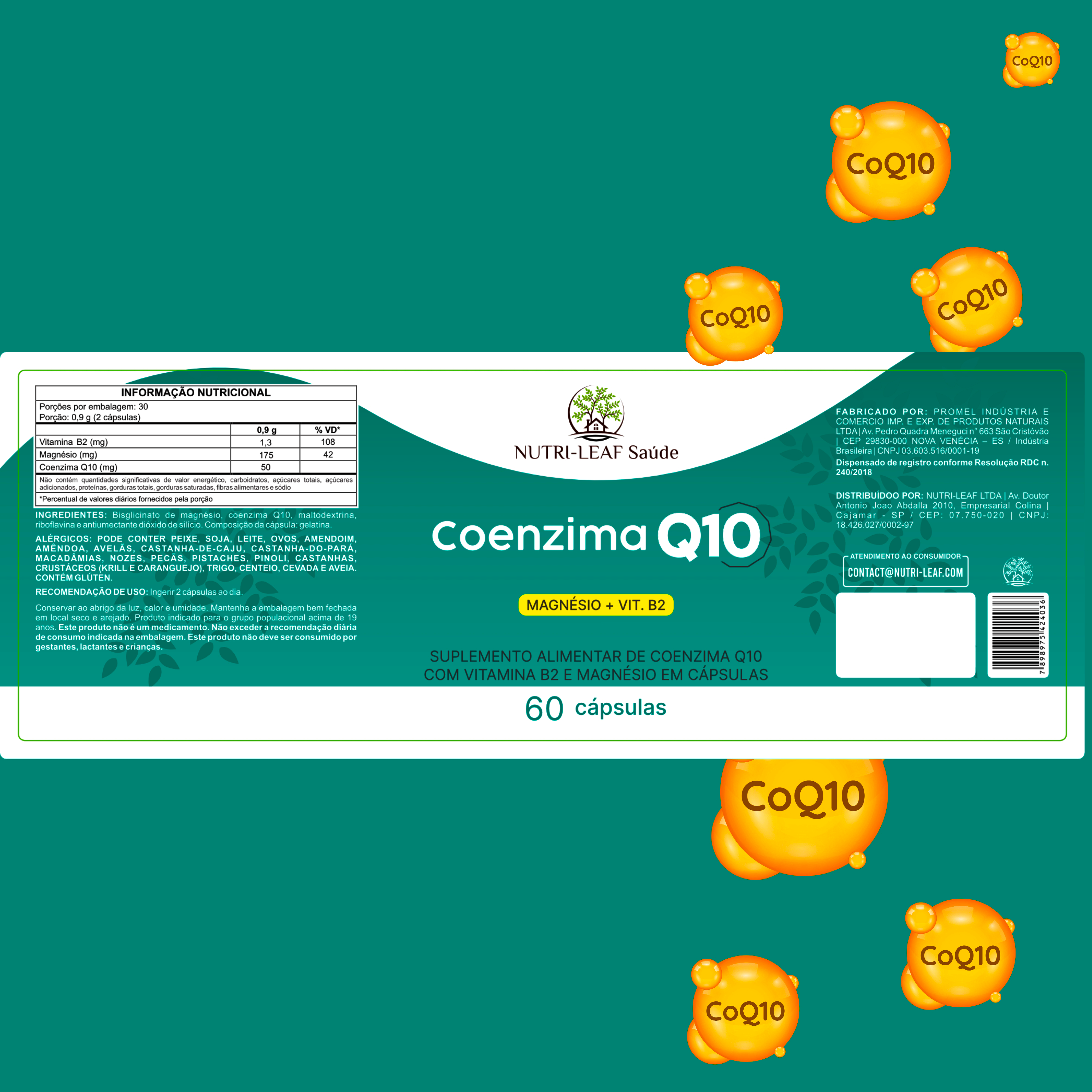 Coenzima Q10 supplement packaging with Nutri-Leaf Sação branding on a green background.